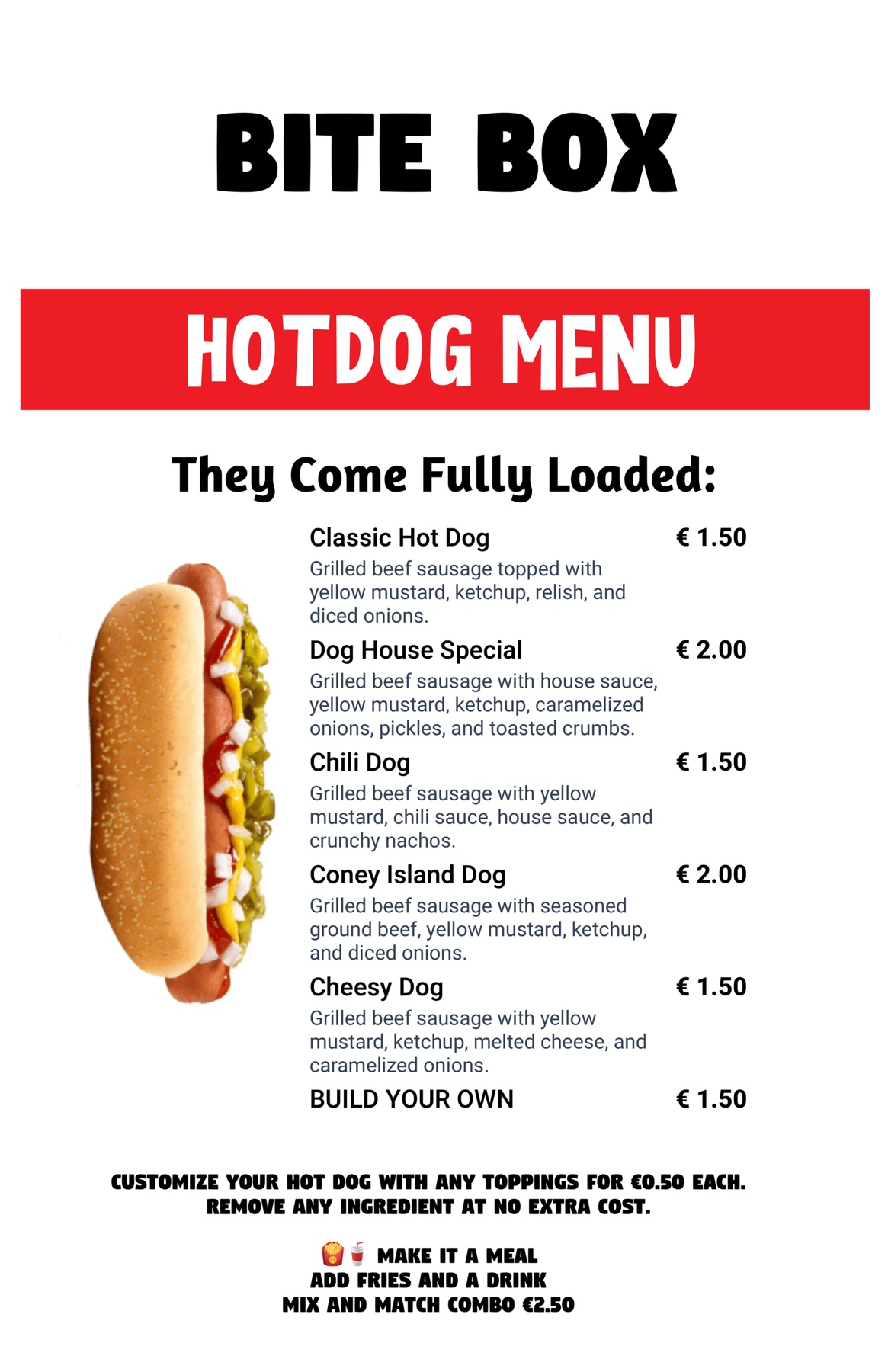 Bite Box Hotdog Menu